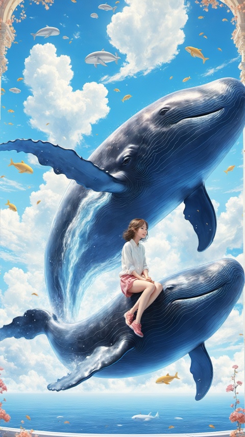  blue sky, white cloud, a big whale fly in the sky, a girl sitting on the whale, masterpiece, illustration, extremely delicate and beautiful, very detailed, CG, amazing, fine detail, masterpiece, best quality, official art,QMSJ,candy-coated,1girl