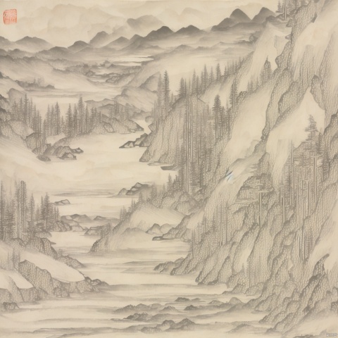 Chinese style ink landscape painting, trees, mountains, rivers, huts, boats