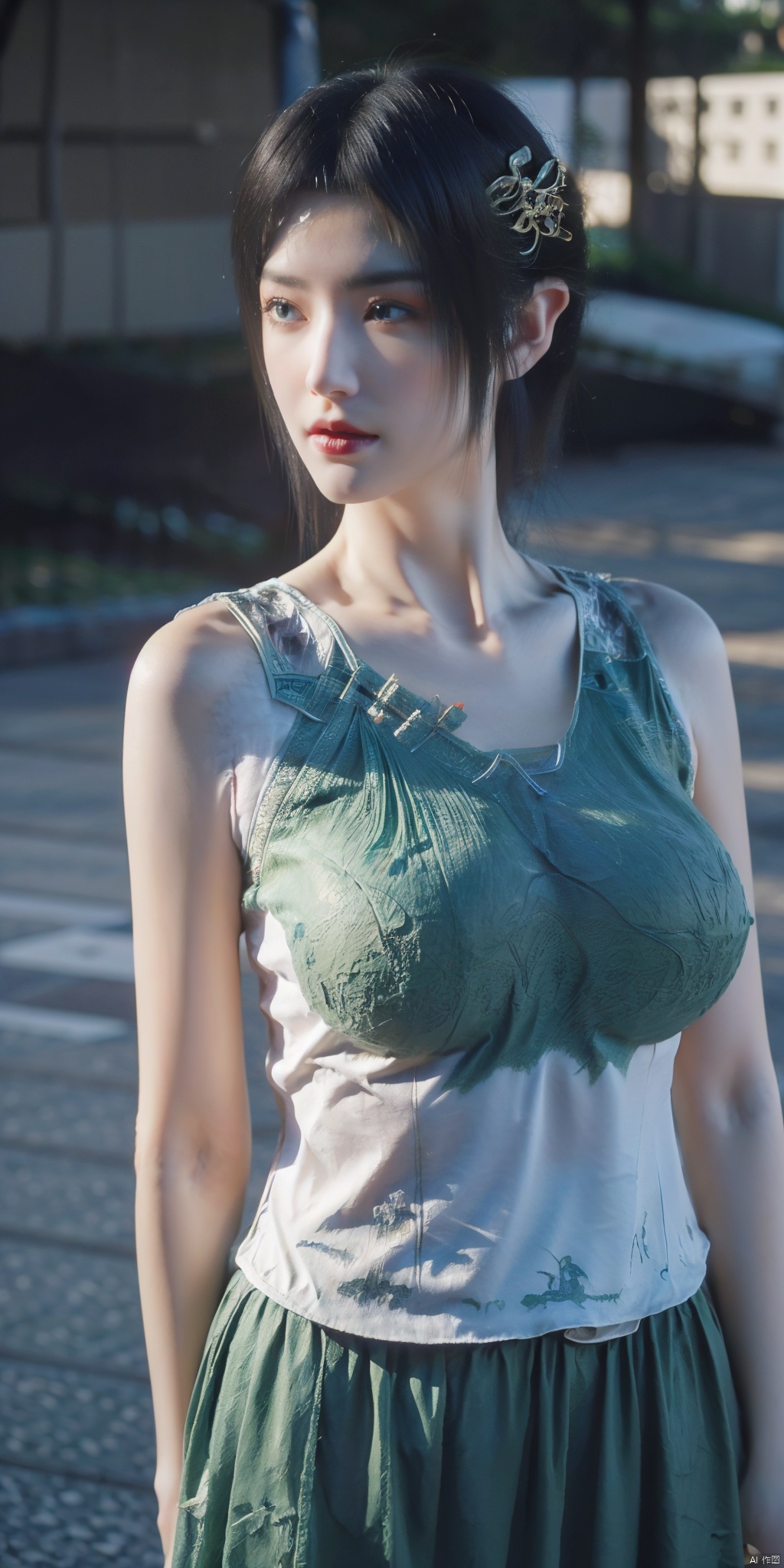  (white printed chinese upshirt:1.1),(green|red long skirt:1.1),1 girl,(big breasts:1.7), high heels,(long hair:1.1), (realistic:1.7),((best quality)),absurdres,(ultra high res),(photorealistic:1.6),photorealistic,octane render,(hyperrealistic:1.2), (big breasts:1.8), (photorealistic face:1.2), (8k), (4k), (Masterpiece),(realistic skin texture), (illustration, cinematic lighting,wallpaper),( beautiful eyes:1.2),((((perfect face)))),(cute),(standing),(black hair),(short hair), (outdoors), , long skirt, QIPAO,, (big breasts:1.8), , 1girl,moyou