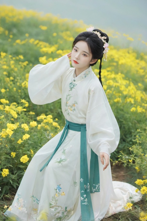 Enhanced, masterpiece, 16K, girl, Solo, Flower Field, rape flower, (\meng ze\), yue , hair ornament , hanfu,(big breasts:1.59), ming_hanfu