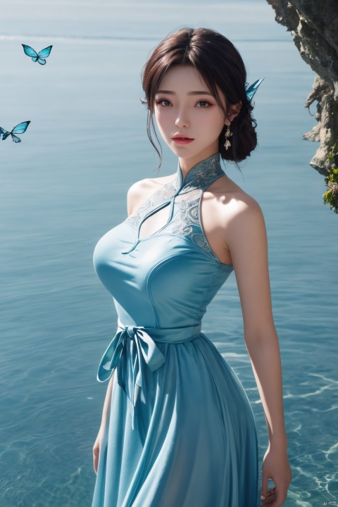 (1girl,best quality, ),looking at viewer,(big breasts),Xxiaoxuner,blue dress, 80sDBA style, Water_butterfly
