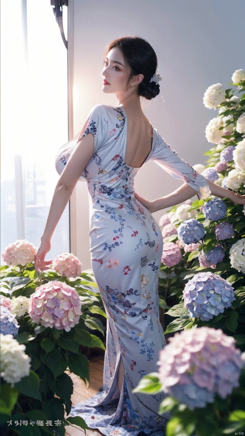  1girl,front,(Turn sideways, look back and smile:1.1),full body,mottledsunlight,hydrangea flowers field,photoparticle,refracted light,light particles,sparkle,backlighting,hydrangea flower,china dress\(haihang\),lingxing, (big breasts:1.98),very long hair