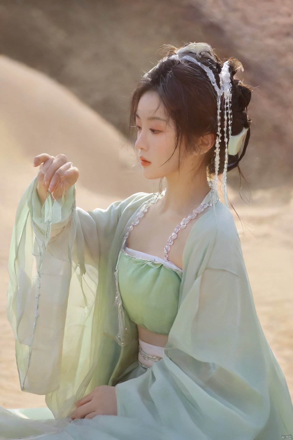 Surrealist beauty photo, hanfu,Xtianxiwei,(big_breasts:1.69), Yunxiao_Fairy,1girl,moyou, Yunxiao_xianzi, desert_sky, song_hanfu,chinese woman