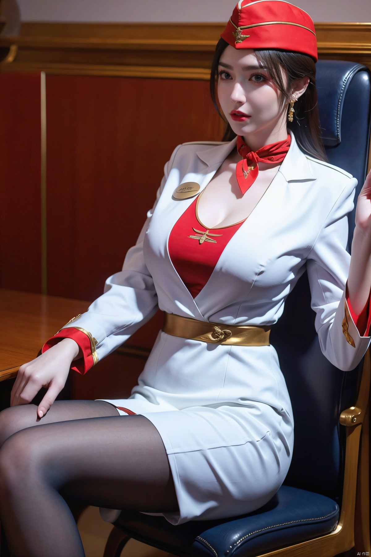  1girl,red lips, hat, thighs,Stewardess,chinese_clothes,white_dress,glasses, (big breasts:1.29),