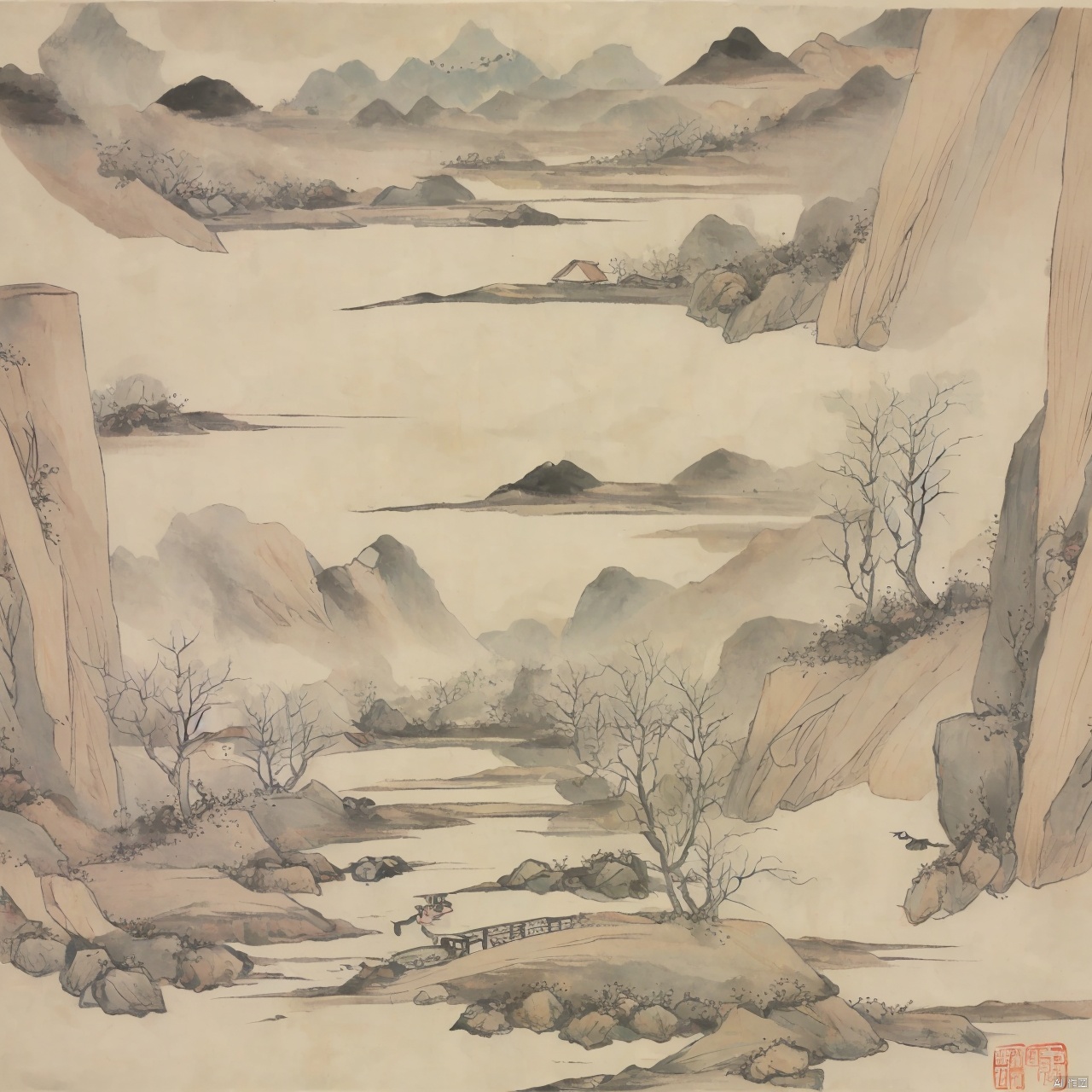  Chinese style ink landscape painting, trees, mountains, rivers, huts, boats