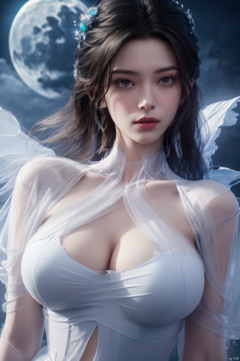  (8k, RAW photo, best quality, masterpiece:1.2), (super realistic, photo-realistic:1.3), ultra-detailed, extremely detailed cg 8k wallpaper, hatching (texture), skin gloss, light persona, (crystalstexture skin:1.2), (extremely delicate and beautiful), ultra-high resolution, (photo realistic: 1.4), Surrealism, Fantastical verisimilitude, beautiful blue-skinned goddess Phoenix Peacock on her head, fantastical creation, thriller color scheme, surrealism, abstract, psychedelic, 1 girl, flower,(translucent white gauze dress:1.3), (moon), moonlight, water surface, long hair, windy,Xlimuwan, Xmedusa,Yunxiao_Fairy,,(big breasts:1.59)