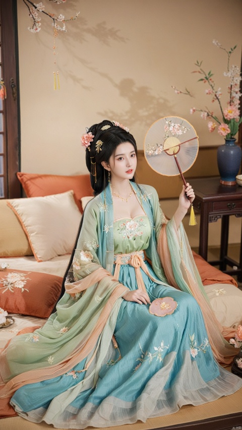  1girl, solo, long hair, black hair,Hairpins,necklace, hair ornament, long dress, full body, flower, earrings, indoors, hair bun, hanfu dress,(Tube top Hanfu long skirt:1.1),(Hand holding fan:1.2), pillow, bed, night, chinese clothes, table, branch,daxiushan, ,daxiushan style,(huge breasts:1.7), (full breasts), realistic,hanfu, daxiushan,Shoulders are exposed,daxiushan, arien_hanfu