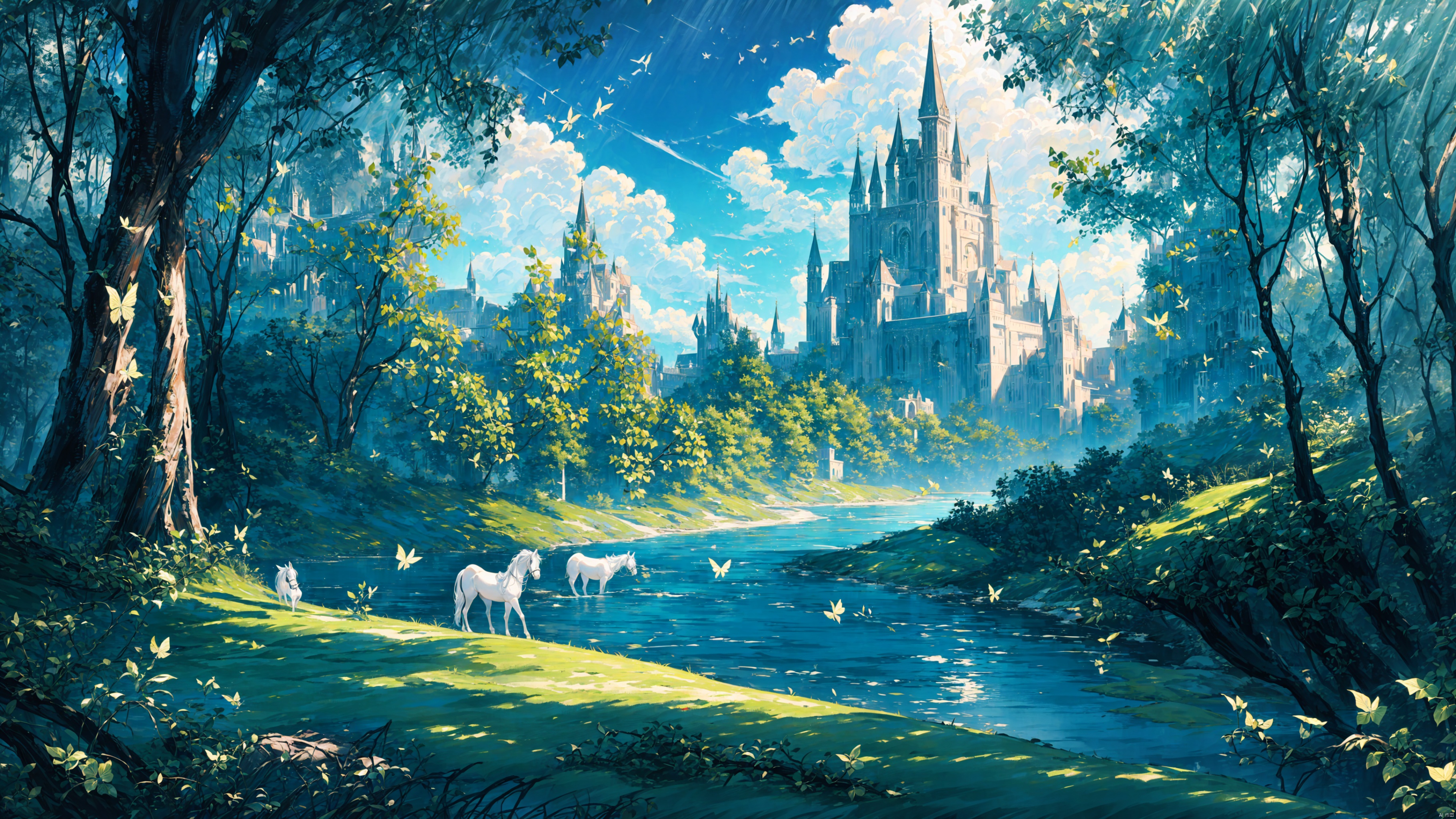  A magic castle,(castle:Panoramic display:1.3),Best quality, 8k, cg,Completely independent castle with no other buildings around it,Show the complete castle, not the buildings close to the camera,The huge castle dominates the picture,Masterpiece, Best quality,Blue sky, white clouds, breeze, moat, lush woods, sunny,

horses outside the castle, horses drinking by the river, cavalry patrolling the forest, a world of magic, dragons in the sky,