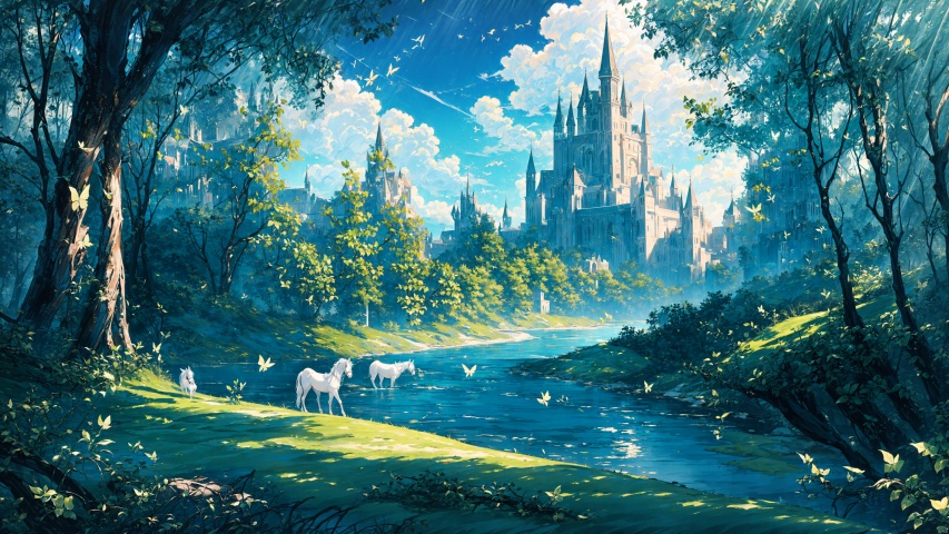  A magic castle,(castle:Panoramic display:1.3),Best quality, 8k, cg,Completely independent castle with no other buildings around it,Show the complete castle, not the buildings close to the camera,The huge castle dominates the picture,Masterpiece, Best quality,Blue sky, white clouds, breeze, moat, lush woods, sunny,

horses outside the castle, horses drinking by the river, cavalry patrolling the forest, a world of magic, dragons in the sky,