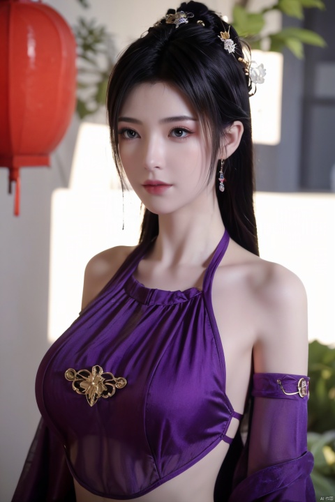  1girl, navel, solo, midriff, bare shoulders, lantern, hair ornament, flower, hair flower, paper lantern, black hair, red lips, looking at viewer, chinese clothes, (purple dress), purple eyes,blurry, solo focus, long hair, lips, night, lipstick, outdoors, upper body, blurry,(huge breasts), background, solo, makeup, hair bun, Hashimoto_Kanna