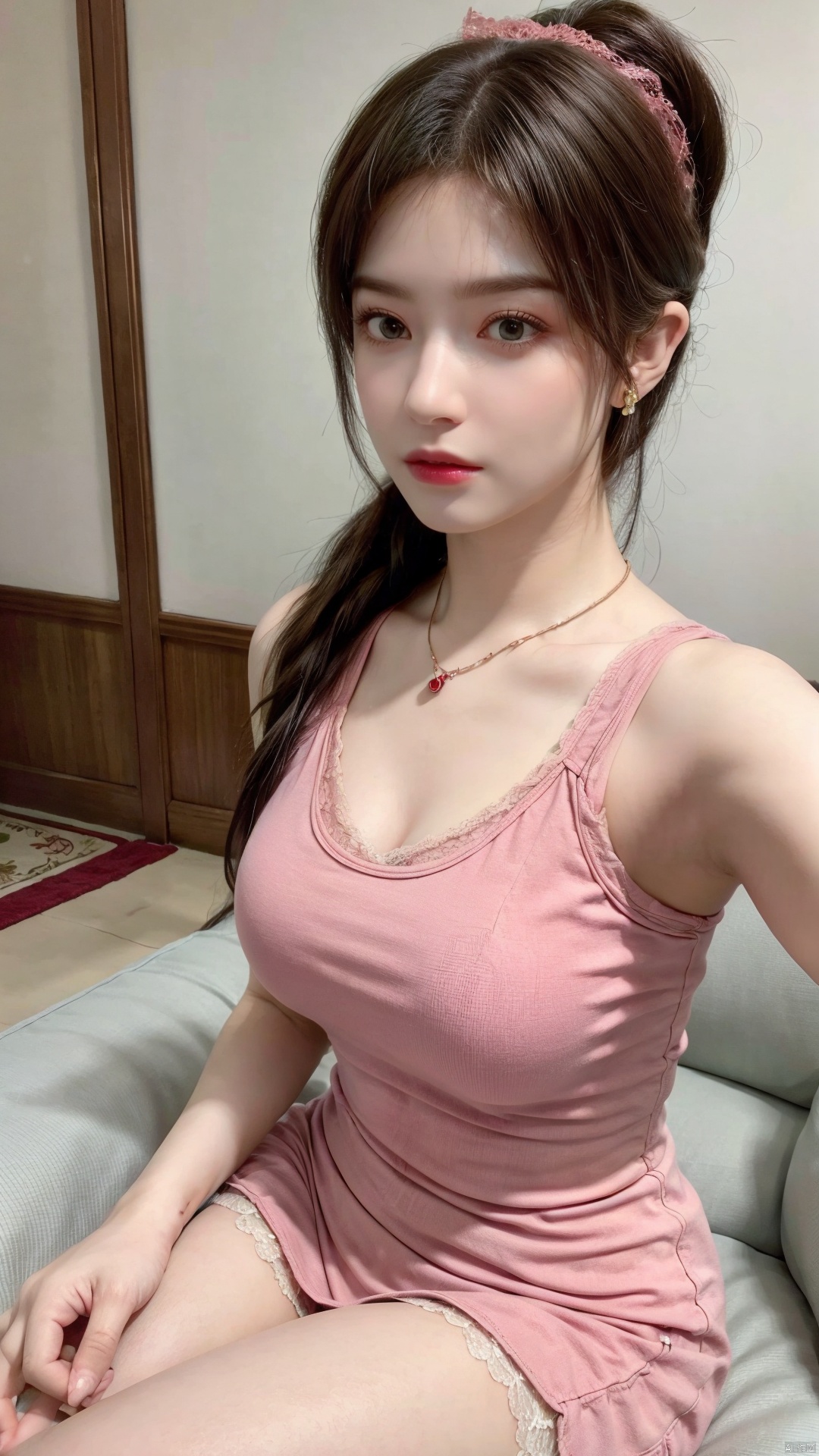  Best quality, 1girl, xtt's body,(green|pink dress), pantyhose,photo pose,sitting in sofa,red lips,crossed legs, shapely body, xtt, aki,Take a selfie,look at viewer,(lace:1.3),full body,Gentle eyes, (big breasts:1.59),(F cup breasts:1.49), ((poakl)),(High ponytail, pink bow, earrings, necklace:1.39),（Lace flesh-colored stockings:1.39)