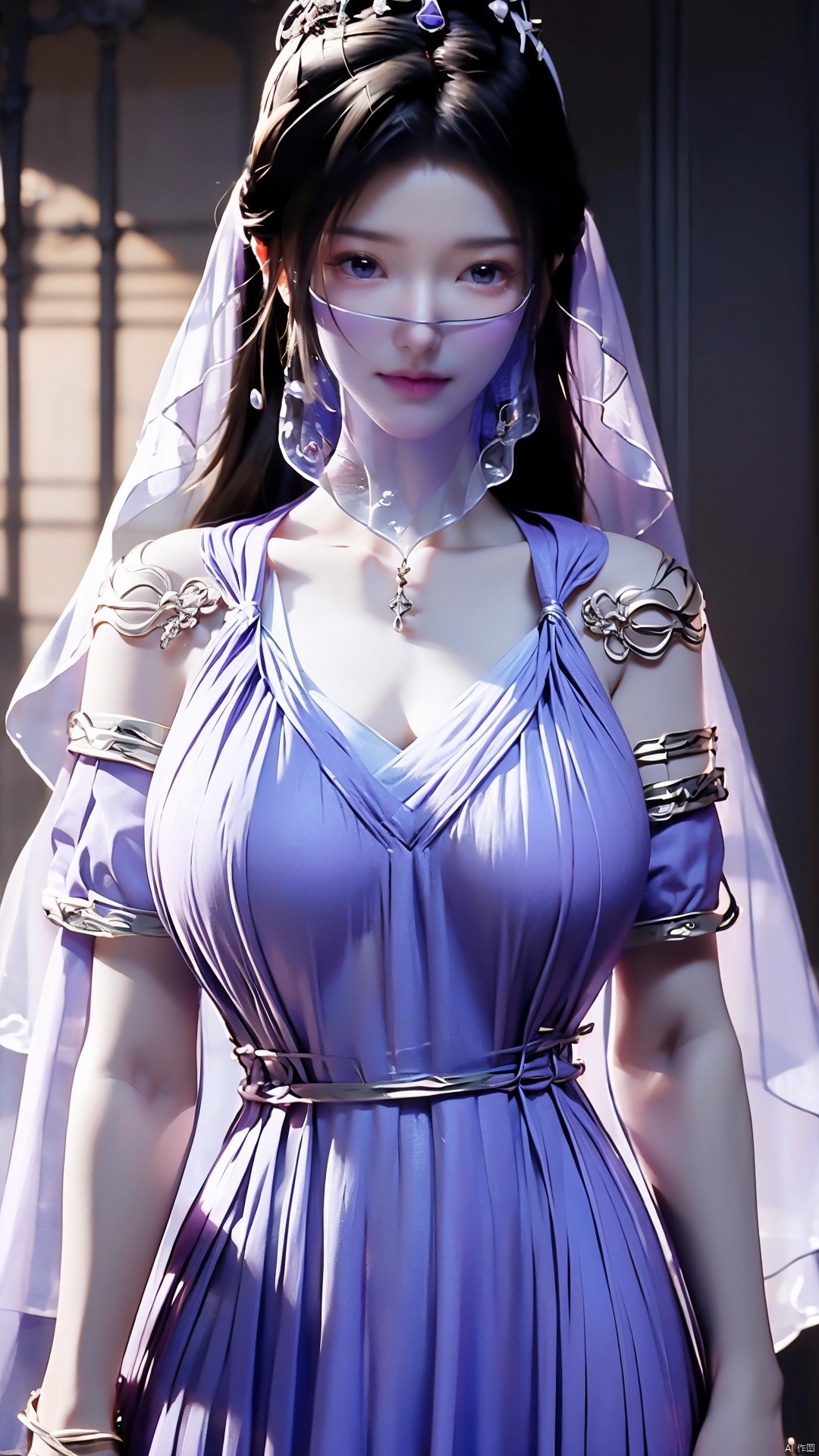 best quality,masterpiece,ziling_xianzi,1girl,solo,long hair,looking at viewer,jewelry,closed mouth,purple eyes,(Purple Veil:1.3),purple hair,(big breasts:1.2), ziling_xianzi