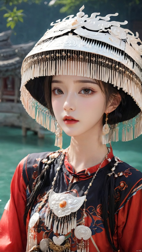  1girl,Chinese Yi ethnic clothing,Silver metal headwear, capelet, earrings, jewelry,A huge metal hat,Headwear metal tassels,Silver metal hat, lips, long sleeves, short hair, solo, water, wide sleeves, 1girl,big breasts