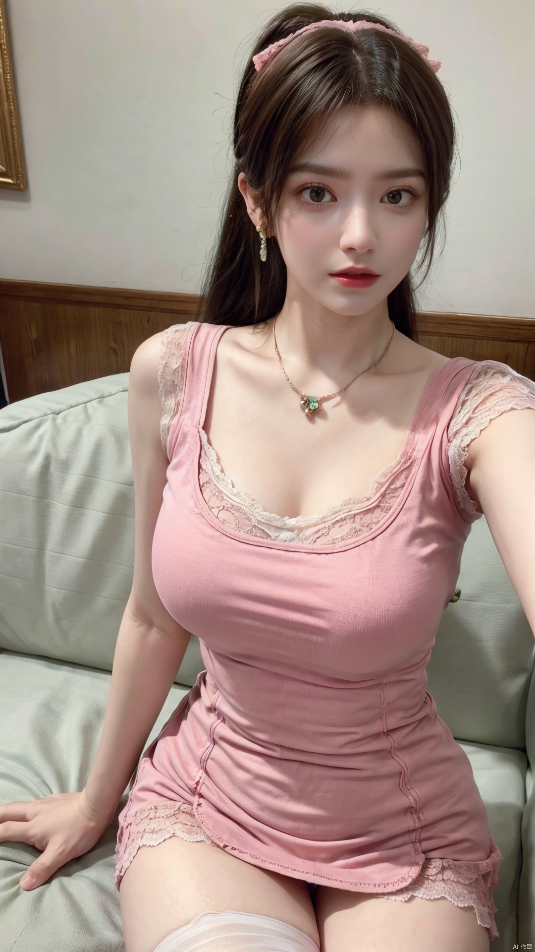  Best quality, 1girl, xtt's body,(green|pink|white dress), pantyhose,photo pose,sitting in sofa,red lips,crossed legs, shapely body, xtt, aki,Take a selfie,look at viewer,(lace:1.3),full body,Gentle eyes, (big breasts:1.69),(G cup breasts:1.49), ((poakl)),(High ponytail, pink bow, earrings, necklace:1.39),（Lace flesh-colored stockings:1.39)