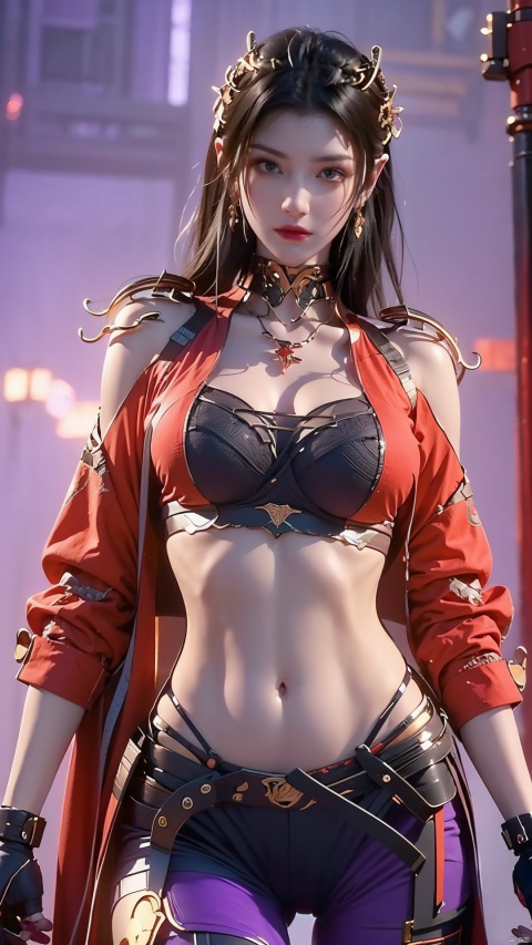  masterpiece, best quality, 8k, concept art, Thought-Provoking Aunt of Blood, intricate details, JoJo pose, Straps, Rings, Gloves, Low shutter, (Violet power aura:1.2), big breasts,most beautiful artwork in the world, aesthetics, atmosphere, (neon,cyborg:1.1), fantasy,1girl