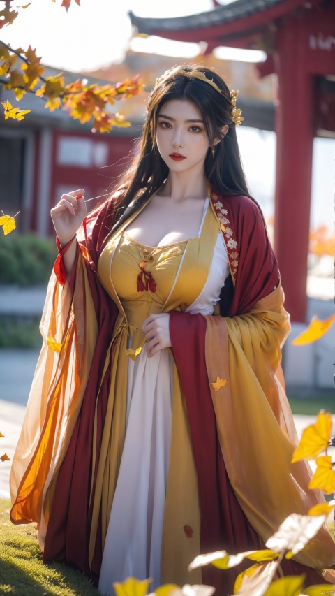  arien_hanfu,1girl,(In autumn, the falling leaves cover the ground with golden ginkgo leaves:1.2),looking_at_viewer,(big breasts:1.2)