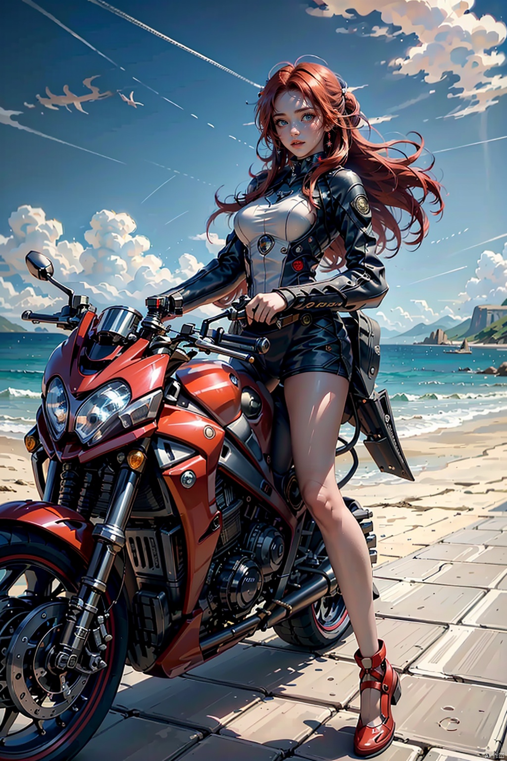  Masterpiece,best quality,(Highest picture quality),(Master's work),(ultra-detailed),{top quality},(sea background:1.2),(1 girl driving a motorcycle:1.4),(red hair:1.3),(bare long leg:1.1),desert background