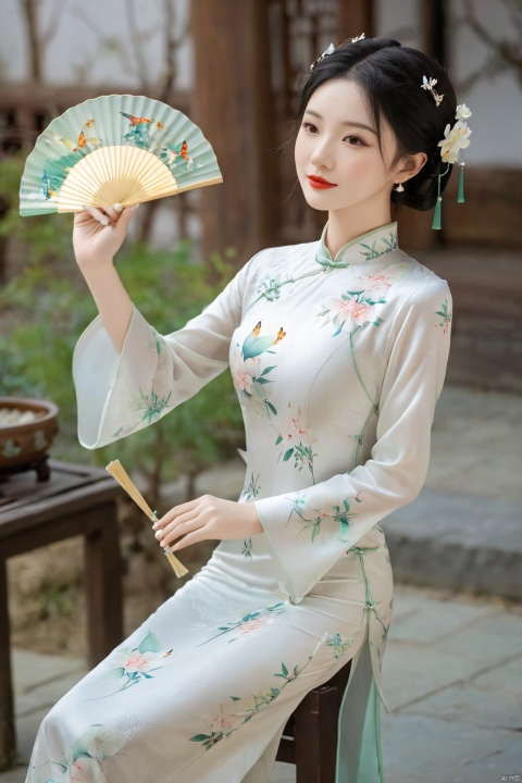  1girl, flower, solo, black hair, chinese clothes, hair ornament, hair flower, smile, indoors, vase, full body, red lips, holding, hand fan, long sleeves, blurry, own hands together, (big breast:1.69),cheongsam, X-Cheongsam, Lace_dress, X-aurora, song_hanfu, fantasy_butterfly, desert_sky