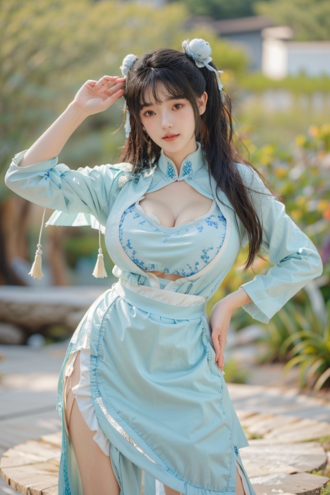 best quality, masterpiece, cowboy_shot,(Good structure),Depth of field,kind smile,looking_at_viewer,Dynamic pose, 
 Surrealism Dream Style,RAW photo,1girl,solo,black hair,ponytail,looking at viewer,long hair,up,lips,sash,hair ornament,realistic,wide sleeves,hanfu,long dress,Semi transparent gauze skirt,surrealist,Best quality,masterpiece,ultra high res,Petal skirt,wind,flowers,bloom,Clouds,1 girl,(big breasts:1.59)
