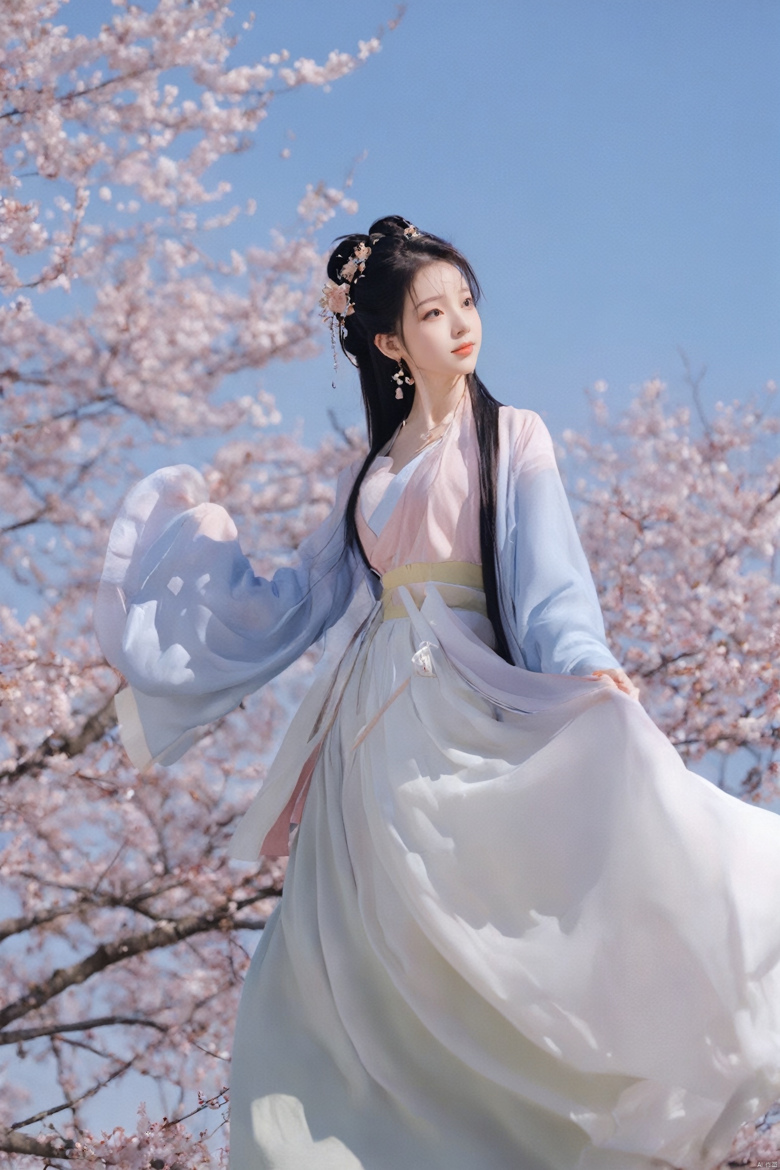  A girl,skirt,jewelry,long_hair,necklace,earrings,perfect body,standing,large breasts,looking at viewer,chinese clothes,china dress,hanfu,cherry_blossoms,in spring,sunny,sunny,wind,cloud,bright,
, ming_hanfu, daxiushan, weijin_hanfu