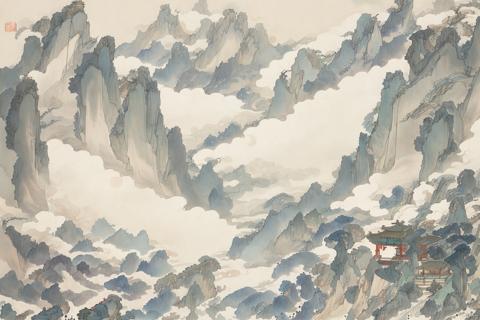  Chinese style ink landscape painting, trees, mountains, rivers, huts, boats, gf