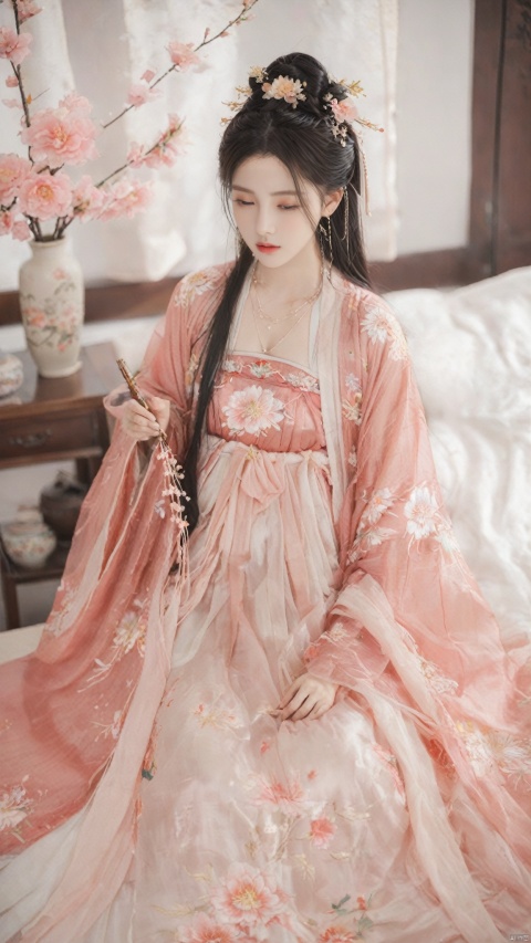  1girl, solo, long hair, black hair,Hairpins,necklace, hair ornament, long dress, full body, flower, earrings, indoors, hair bun, pink dress,(Tube top Hanfu long skirt:1.1), pillow, bed, night, chinese clothes, table, branch,daxiushan, ,daxiushan style,(huge breasts:1.7), (full breasts), realistic,hanfu, daxiushan,Shoulders are exposed, , daxiushan, arien_hanfu