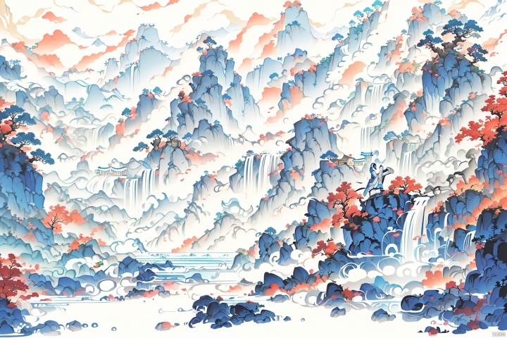  Chinese style ink landscape painting, trees, mountains, rivers, huts, boats, gf, Ancient costume,山水, vector illustration