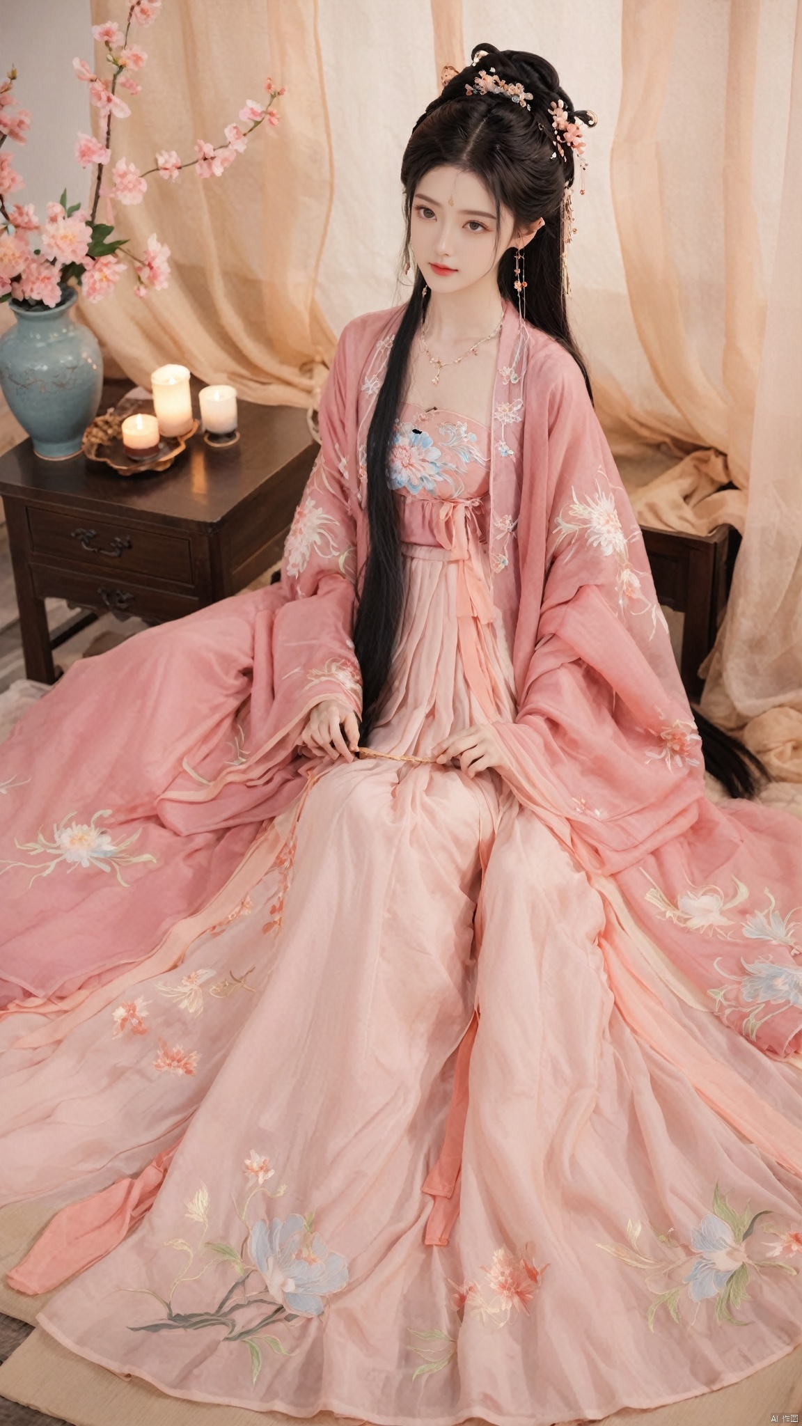  1girl, solo, long hair, black hair,Hairpins,necklace, hair ornament, long dress, full body, flower, earrings, indoors, hair bun, pink dress,(Tube top Hanfu long skirt:1.1), pillow, bed, night, chinese clothes, table, branch,daxiushan, ,daxiushan style,(huge breasts:1.7), (full breasts), realistic,hanfu, daxiushan,Shoulders are exposed, , daxiushan, arien_hanfu