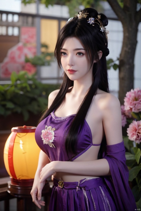  1girl, navel, solo, midriff, bare shoulders, lantern, hair ornament, flower, hair flower, paper lantern, black hair, red lips, looking at viewer, chinese clothes, (purple dress), purple eyes,blurry, solo focus, long hair, lips, night, lipstick, outdoors, upper body, blurry,(huge breasts), background, solo, makeup, hair bun, Hashimoto_Kanna