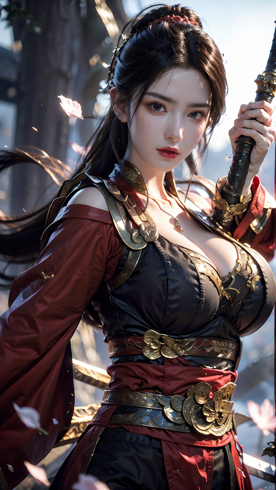  1girl,black hair,energy sword,glint,glowing sword,Unsheathed sword,solo,red Hanfu,Grasp the hilt with your hand,Brave and spirited,sword-dance,holding sword,looking at viewer,petals,solo,standing, ((poakl)), (\fan hua\), midjourney portrait, (big breasts:1.39),