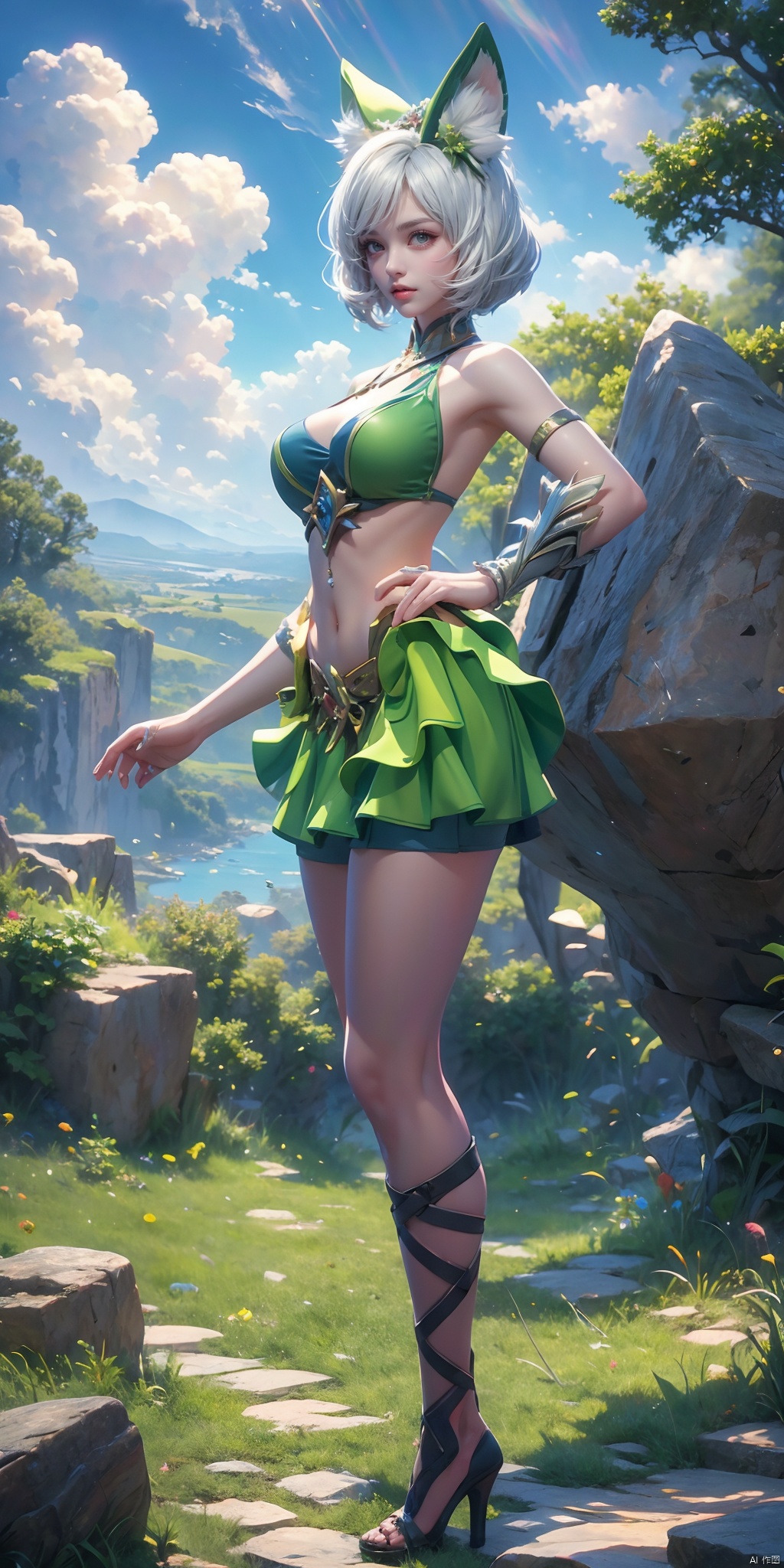  DJ,outdoors,scenery,cloud,sky,grass,tree,day,rock,blue sky,cloudy sky,nature,flower,
1girl,solo,breasts,navel,cleavage,skirt,midriff,short hair,high heels,animal ears,bike shorts,large breasts,looking at viewer,red eyes,leaf,medium breasts,hair ornament,bare shoulders,grey eyes,swimsuit,armlet,bikini,white hair,bangs,gem,jewelry,green skirt,, (raw photo:1.2),((photorealistic:1.4))best quality,masterpiece,illustration,an extremely delicate and beautiful,extremely detailed,CG,unity,8k wallpaper,Amazing,finely detail,masterpiece,best quality,official art,extremely detailed CG unity 8k wallpaper,absurdres,incredibly absurdres,huge filesize,ultra-detailed,highres,extremely detailed,beautiful detailed girl,cinematic lighting,1girl,pale skin,tall female,(perfect body shape),skinny body,Slender legs,, pale skin,tall man,long legs,thin leg,