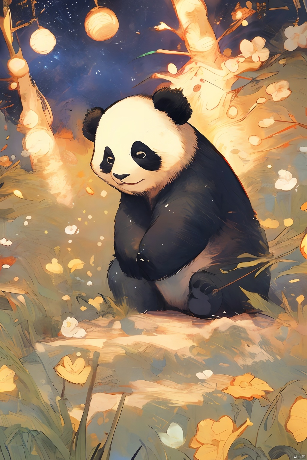 A panda under a starry sky, in the style of painter Vincent Van Gogh, vibrant illustrations, cute, healing, fangao, MG xiongmao