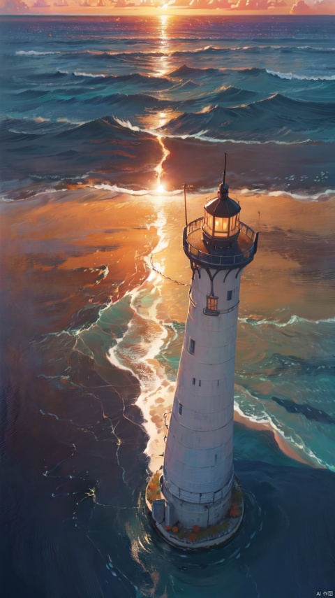  (from above:1.2), (seaside,autumn,:1.2), Wide sea,horizon,There is a small lighthouse on the small bridge, no people,nobody,sunset,cloud,
very detailed , realistic details , light particle effect, excellent work, extremely elaborate picture description,8k wallpaper, obvious light and shadow effects, ray tracing, obvious layers, depth of field, best quality,