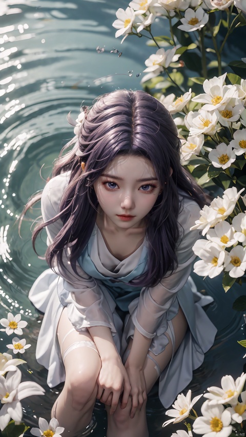  purple element,looking from above,above the knee,appear on camera,blue eyes,white_flower,XYunxiao,