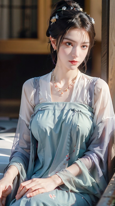  Realistic: 1.3, masterpiece, highest quality, high resolution, details: 1.2, 1 girl, Bun, hair clip, beautiful face, delicate eyes, diamond earrings, necklace, bracelet, Hanfu, elegant sitting in a sports car, aesthetics, movie lighting, ray tracing, depth of field, layering, fluttering, Hanfu, purple gauze, ((poakl)), 1girl, (big breasts:1.3),moyou
