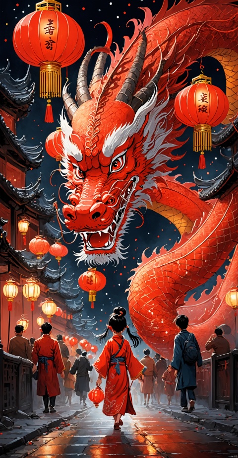  Masterpieces, high-definition art illustrations, Best Quality, New Year&#039;s Eve, fireworks in the night sky, a Red Chinese dragon, little girl carrying Red Lanterns, busy streets, celebrations, monkren