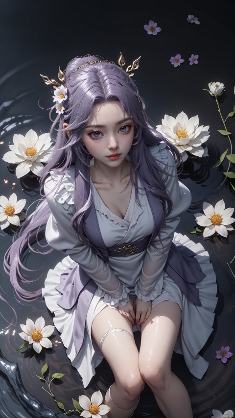  purple element,looking from above,above the knee,appear on camera,blue eyes,white_flower,XYunxiao