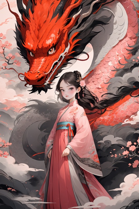  masterpiece, best quality, 1girl, wear pink chinese traditional hanfu,floral print,pink dragon on the left side behind,super detailed,8K,wallpaper,illustration,red and grey black illustration,intricate details,clear lines,bright and soft light