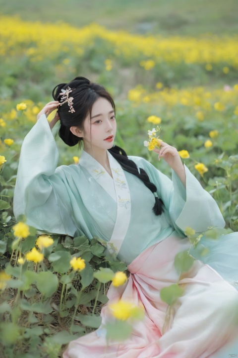  Enhanced, masterpiece, 16K, girl, Solo, Flower Field, rape flower, (\meng ze\), yue , hair ornament , hanfu,(big breasts:1.59), ming_hanfu