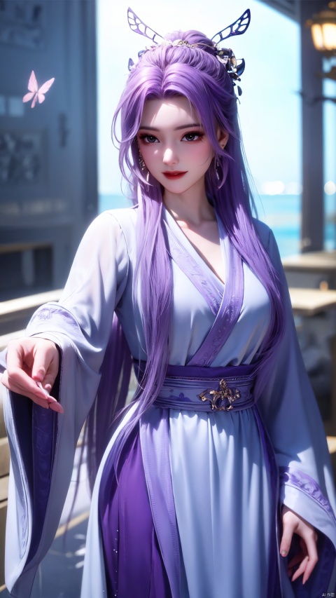  cowboy_shot,(Good structure), DSLR Quality,Depth of field,kind smile,looking_at_viewer,Dynamic pose, 1girl, purple hair, long hair, hair ornament, , solo, dress, earrings, jewelry, hair bun, Yunxiao_Fairy, hanfu, Water_butterfly