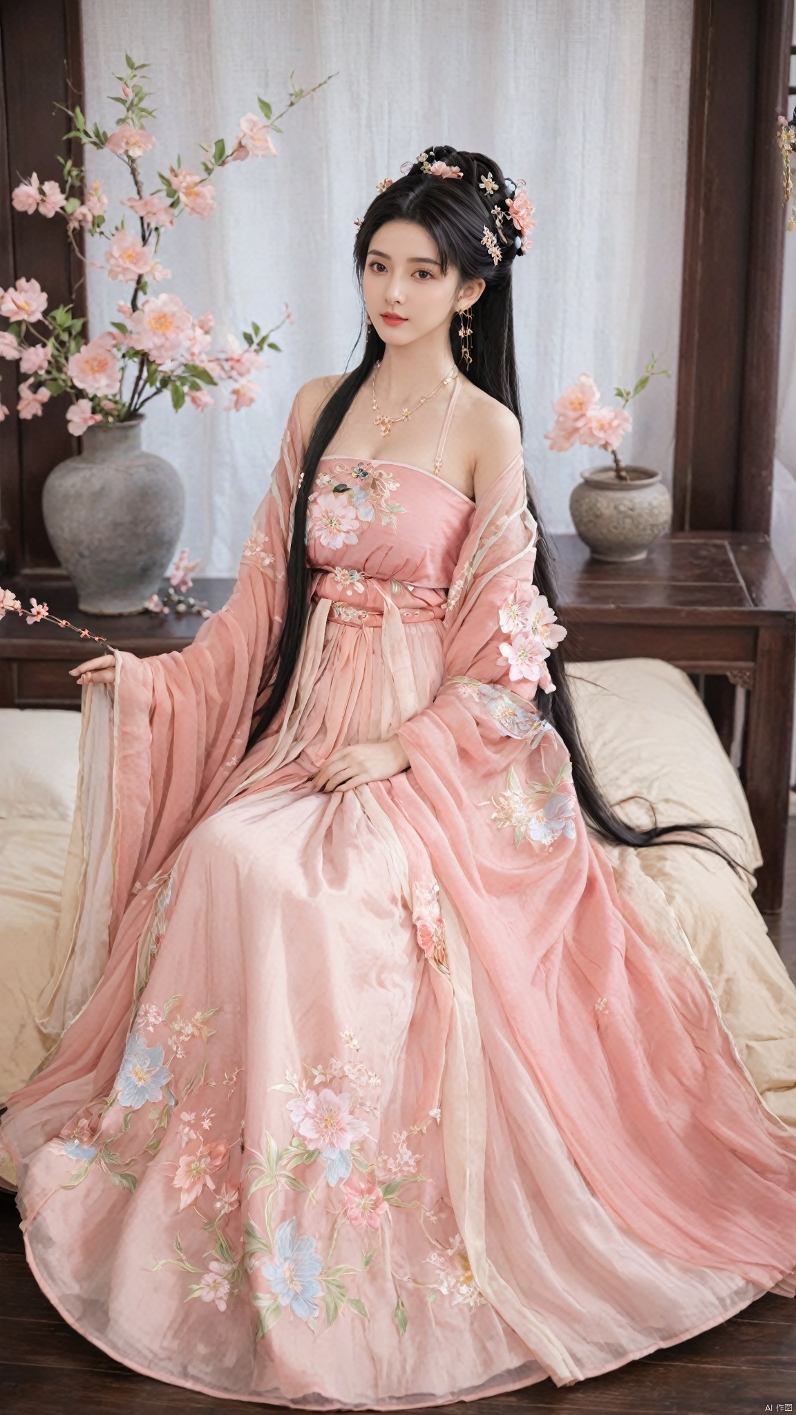  1girl, solo, long hair, black hair,Hairpins,necklace, hair ornament, long dress, full body, flower, earrings, indoors, hair bun, pink dress,(Tube top Hanfu long skirt:1.1), pillow, bed, night, chinese clothes, table, branch,daxiushan, ,daxiushan style,(huge breasts:1.7), (full breasts), realistic,hanfu, daxiushan,Shoulders are exposed, , daxiushan, arien_hanfu