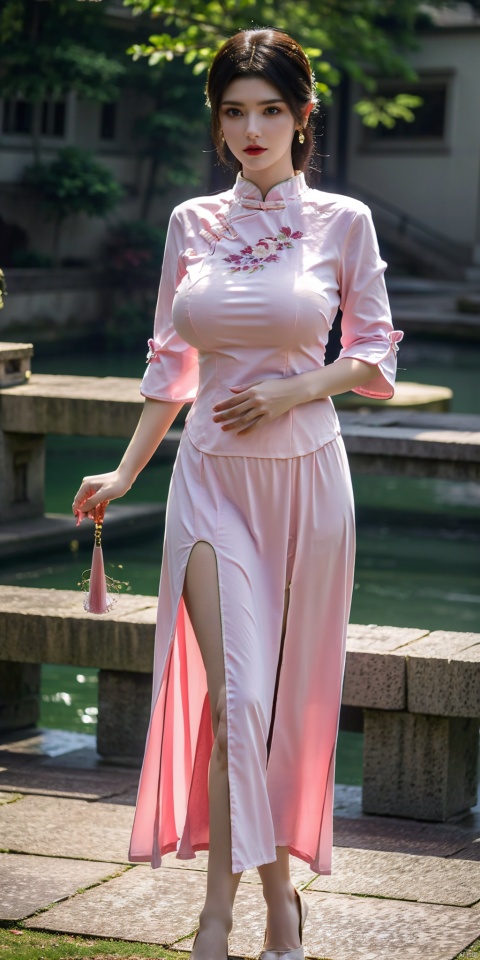  (pink printed chinese upshirt:1.1),
BREAK,
(blue long skirt),1 girl,(big breasts:1.8), high heels,(short hair:1.1), (realistic:1.7),((best quality)),absurdres,(ultra high res),(photorealistic:1.6),photorealistic,octane render,(hyperrealistic:1.2), (big breasts:1.8), (photorealistic face:1.2), (8k), (4k), (Masterpiece),(realistic skin texture), (illustration, cinematic lighting,wallpaper),( beautiful eyes:1.2),((((perfect face)))),(cute),(standing),(black hair),(short hair), (outdoors),long skirt, QIPAO,, (big breasts:1.86),1girl, ((poakl)),full body