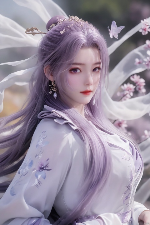  best quality,masterpiece,1girl,solo,long hair,looking at viewer,jewelry,closed mouth,purple eyes,upper body,purple hair,earrings,blurry,blurry background,sunlight,red lips,(big breasts:1.69), Yunxiao_xianzi, Brigitte Lin, X-aurora, pearl_shell, song_hanfu, fantasy_butterfly, Succulent_Plants, traditional chinese ink painting