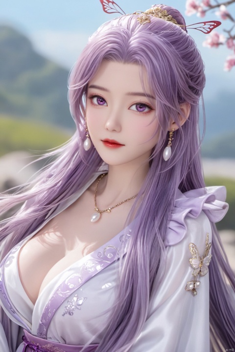  best quality,masterpiece,1girl,solo,long hair,looking at viewer,jewelry,closed mouth,purple eyes,upper body,purple hair,earrings,blurry,blurry background,sunlight,red lips,(big breasts:1.59), Yunxiao_xianzi, Brigitte Lin, X-aurora, pearl_shell, song_hanfu, fantasy_butterfly