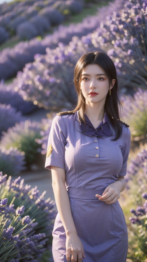  (Realistic), masterpiece, best quality, cinematic lighting, natural shadows, highest detail, looking at the audience,1 girl, cute girl photo, faint smile, charming, 25 years old, flip hair. With side light, (blue stewardess uniform:1.3), dynamic modeling,(big breasts:1.39),(Lavender flowers in Provence, France:1.39)