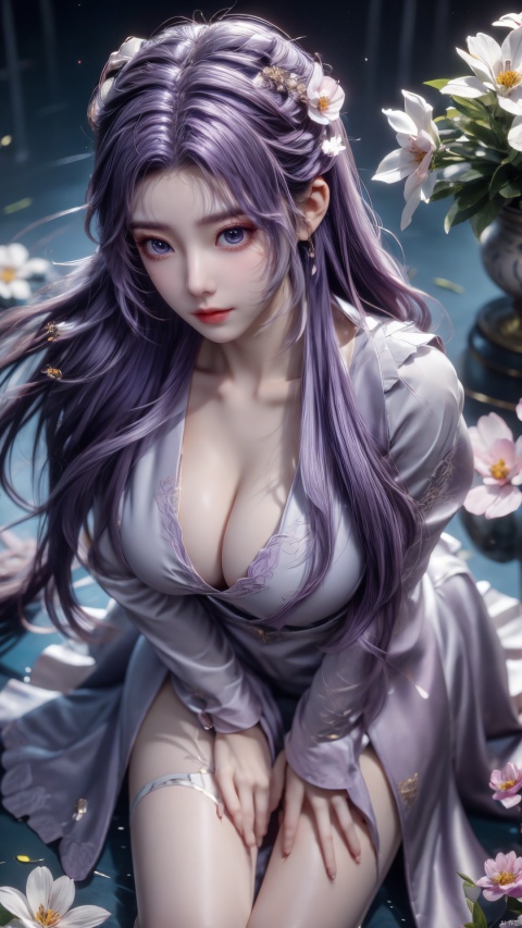  purple element,looking from above,above the knee,appear on camera,blue eyes,white_flower,XYunxiao,,(big breasts:1.2)