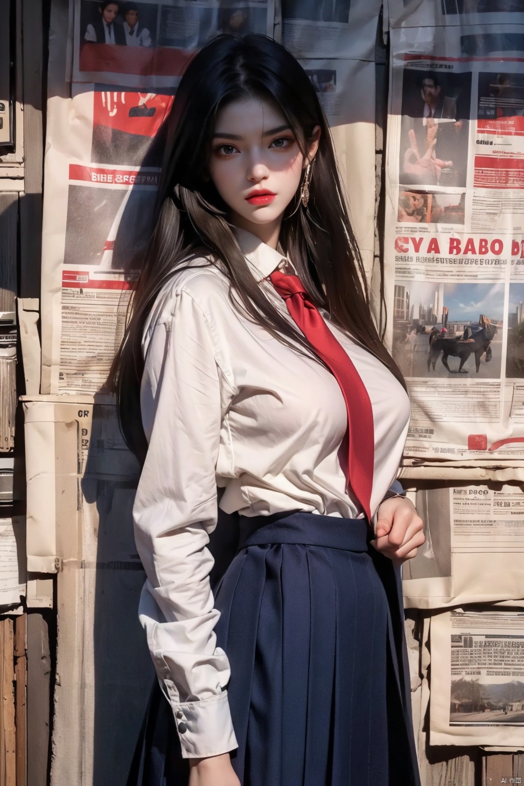  (masterpiece,top quality,best quality,official art,beautiful and aesthetic:1.2),
1girl,newspaper background,standing, looking at viewer,
 ,(jk_style,jk,school uniform),big breasts