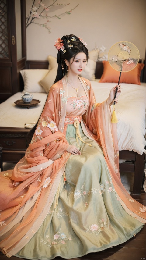 1girl, solo, long hair, black hair,Hairpins,necklace, hair ornament, long dress, full body, flower, earrings, indoors, hair bun, hanfu dress,(Tube top Hanfu long skirt:1.1),(Hand holding fan:1.2), pillow, bed, night, chinese clothes, table, branch,daxiushan, ,daxiushan style,(huge breasts:1.79), (full breasts), realistic,hanfu, daxiushan,Shoulders are exposed,daxiushan, arien_hanfu