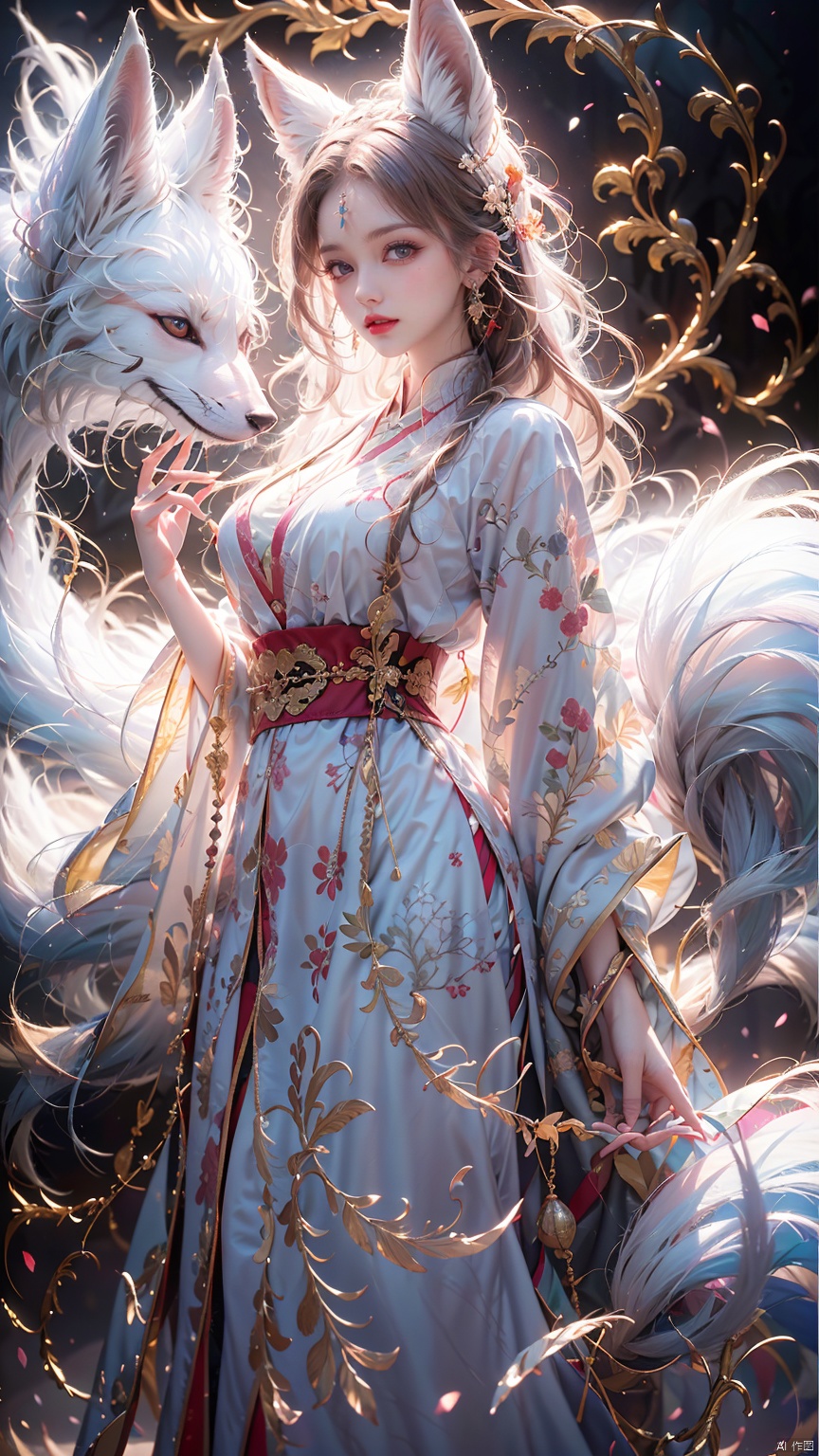  1 girl, solo, female focus, (Chinese dress）and red lips, bangs, earrings, kimono, Chinese cardigan, printed cloth, tassel, hand-held samurai knife.(Chinese dragon),(Huge Fox Pet),（White fox）,
 (Masterpiece), (Very Detailed CGUnity 8K Wallpaper), Best Quality, High Resolution Illustrations, Stunning, Highlights, (Best Lighting, Best Shadows, A Very Delicate And Beautiful), (Enhanced) ·, long, machinery, Daofa Rune, shufa background, Spirit Fox Pendant