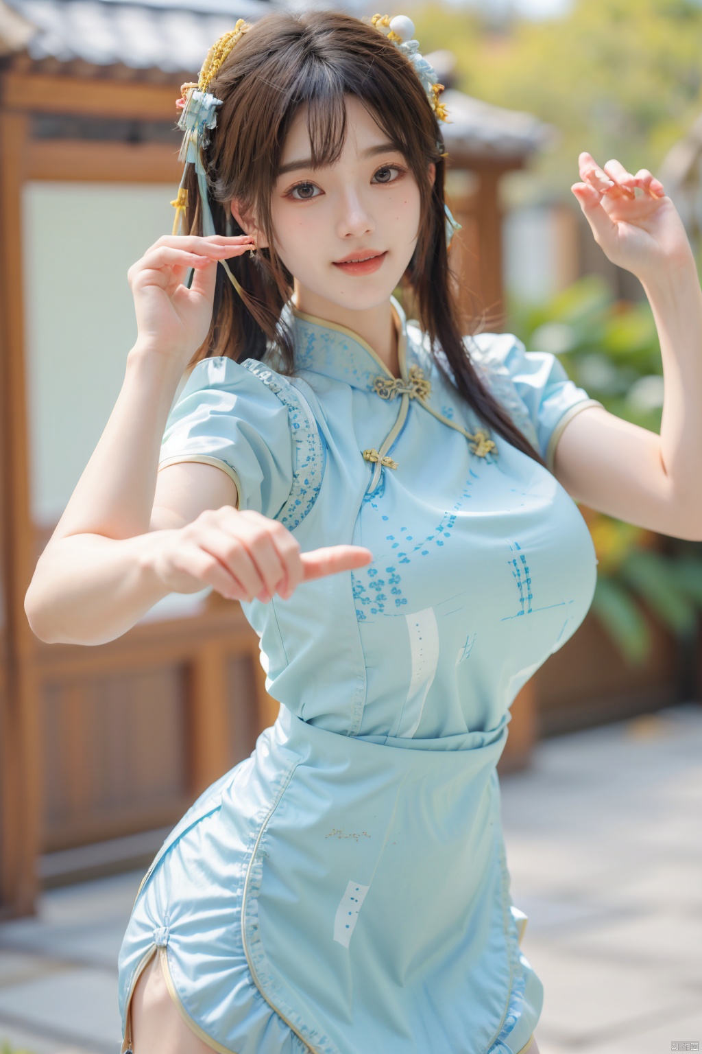 best quality, masterpiece,Depth of field,kind smile,looking_at_viewer,Dynamic pose,RAW photo,1girl,Xcheongsam,(big breasts:1.29),